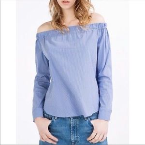 [Zara] Blue And White Striped Off The Shoulder Top
